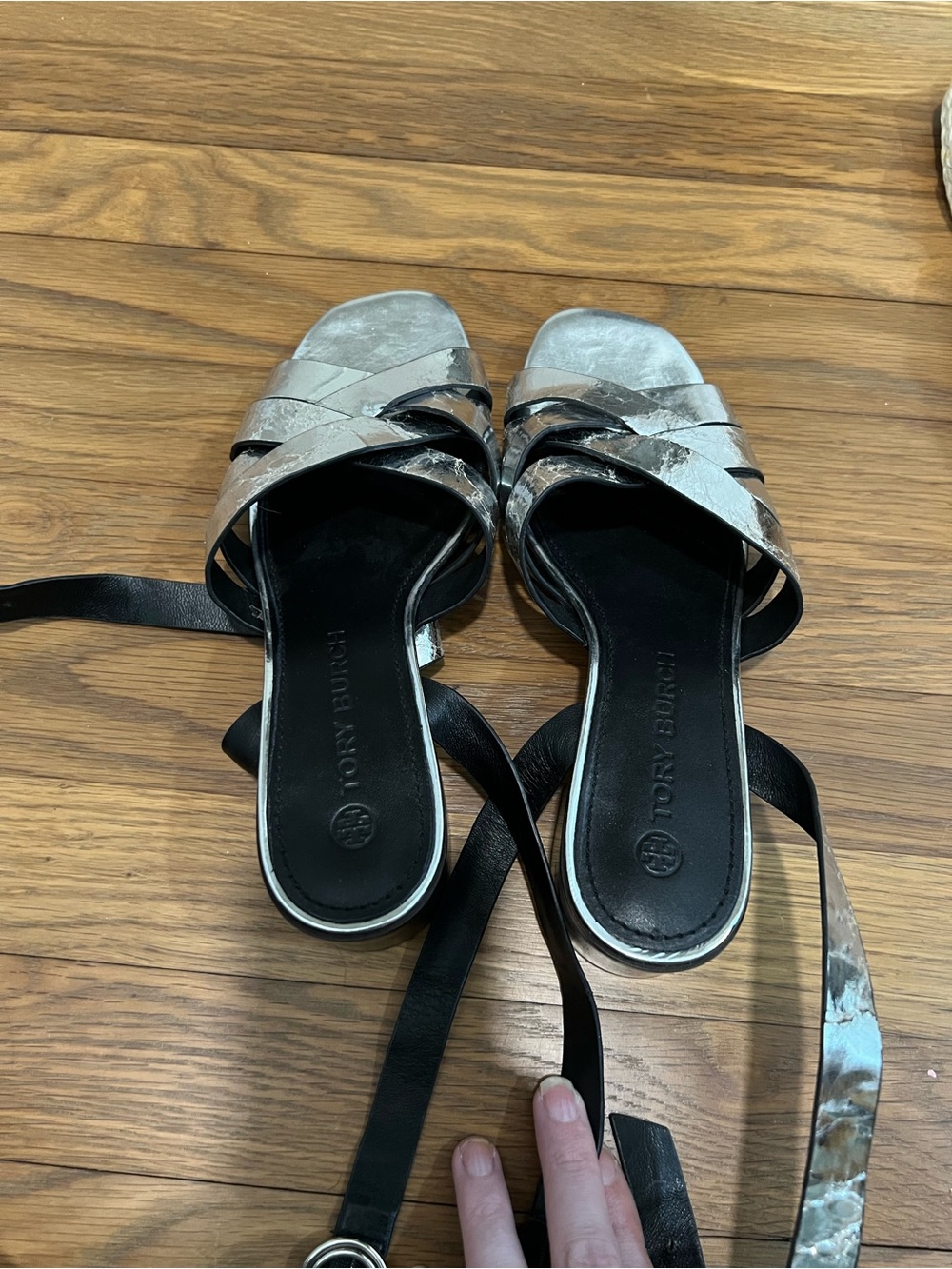Tory Burch Metallic Silver Crisscross Slide Sandals